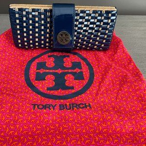 Tory Burch Navy Vinyl / Straw Clutch